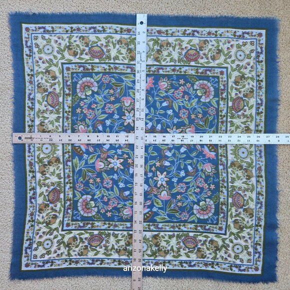 Square Wool Blue Scarf With Leaves and Flowers - Picture 12 of 12